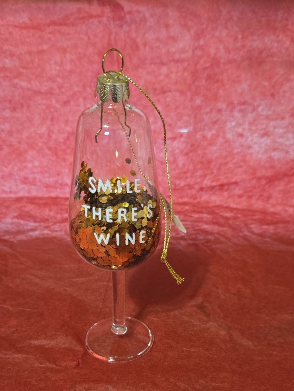 Holiday Wine Glass Ornament with Gold Confetti - Smile There's Wine